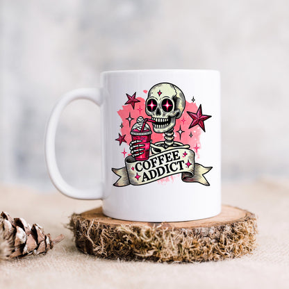 Coffee Addict Mug – Pink Skull Coffee Cup | Funny Caffeine Lover Gift, Ceramic, Dishwasher Safe - -