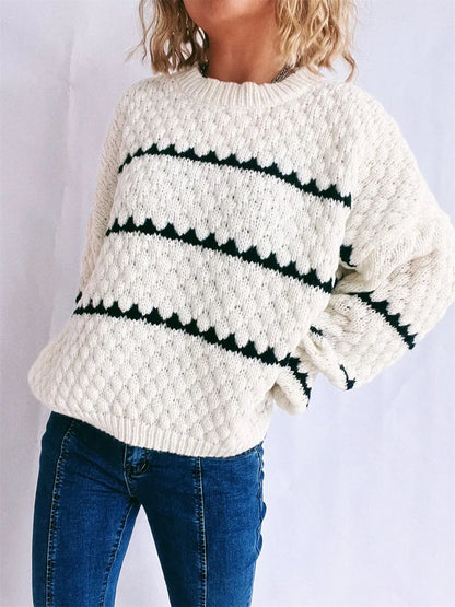 Contrast Stripes Round Neck Long Sleeve Sweater - -