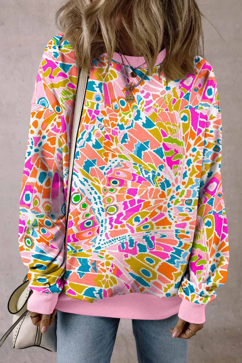 Printed Round Neck Long Sleeve Sweatshirt - -