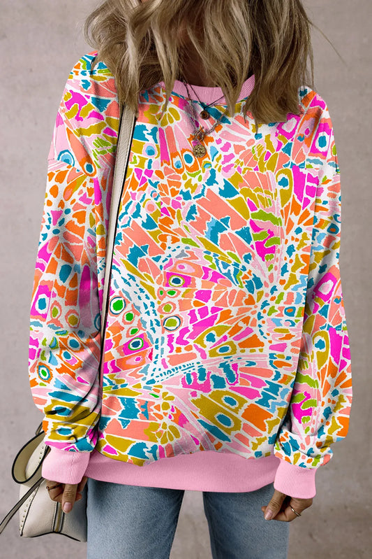 Printed Round Neck Long Sleeve Sweatshirt - -