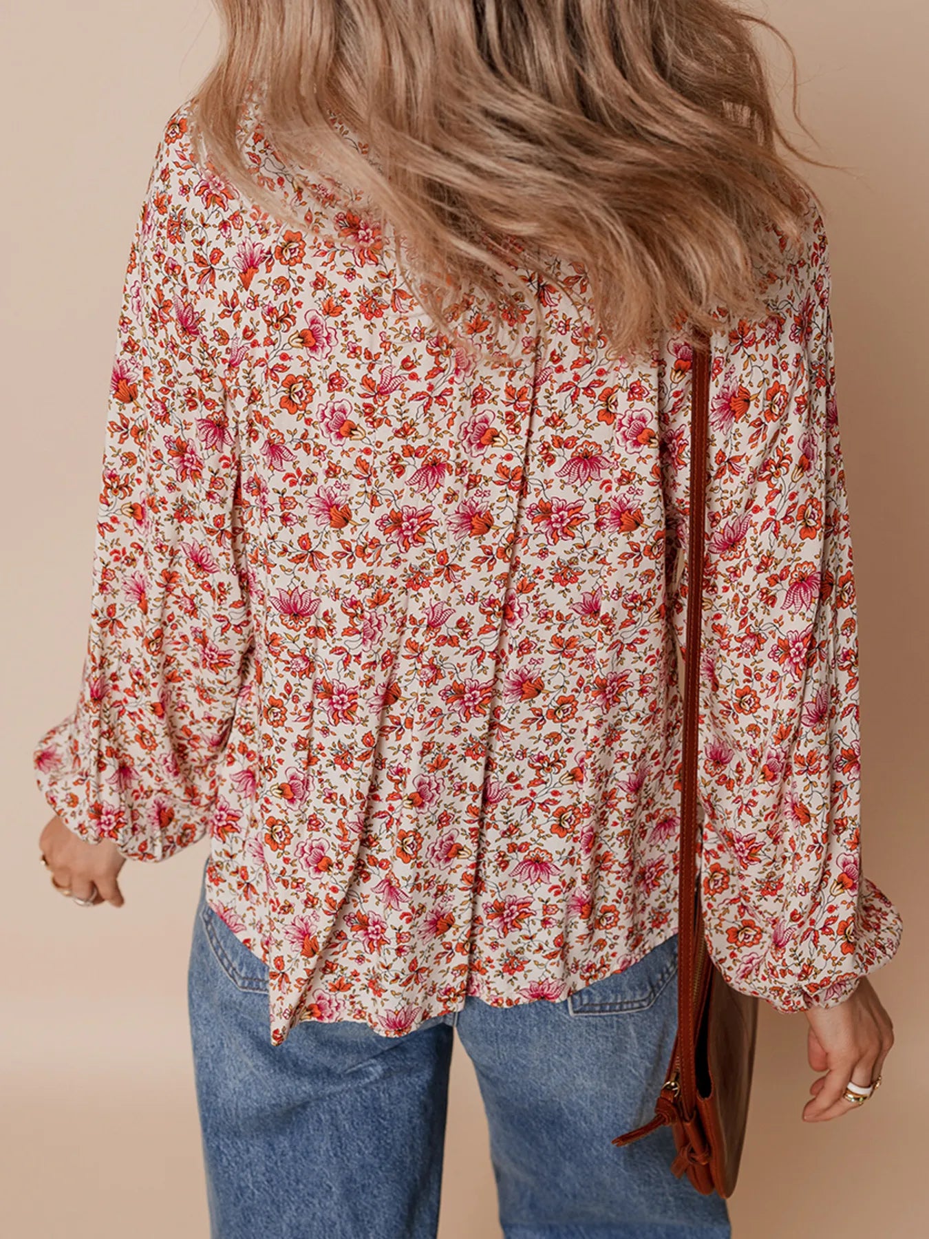 Floral Long Sleeve Button Down Blouse - -