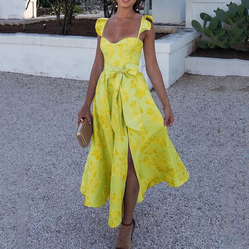 Summer Vintage Floral Print Strappy Dress - Yellow XL - dress