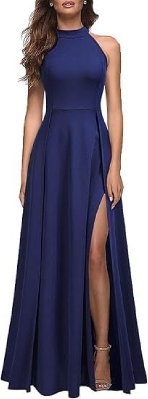 Chic Womens Halter Party Dress - Navy Blue - dress