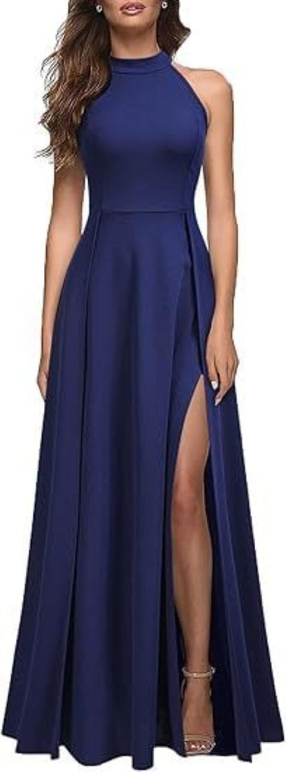 Chic Womens Halter Party Dress - Navy Blue - dress