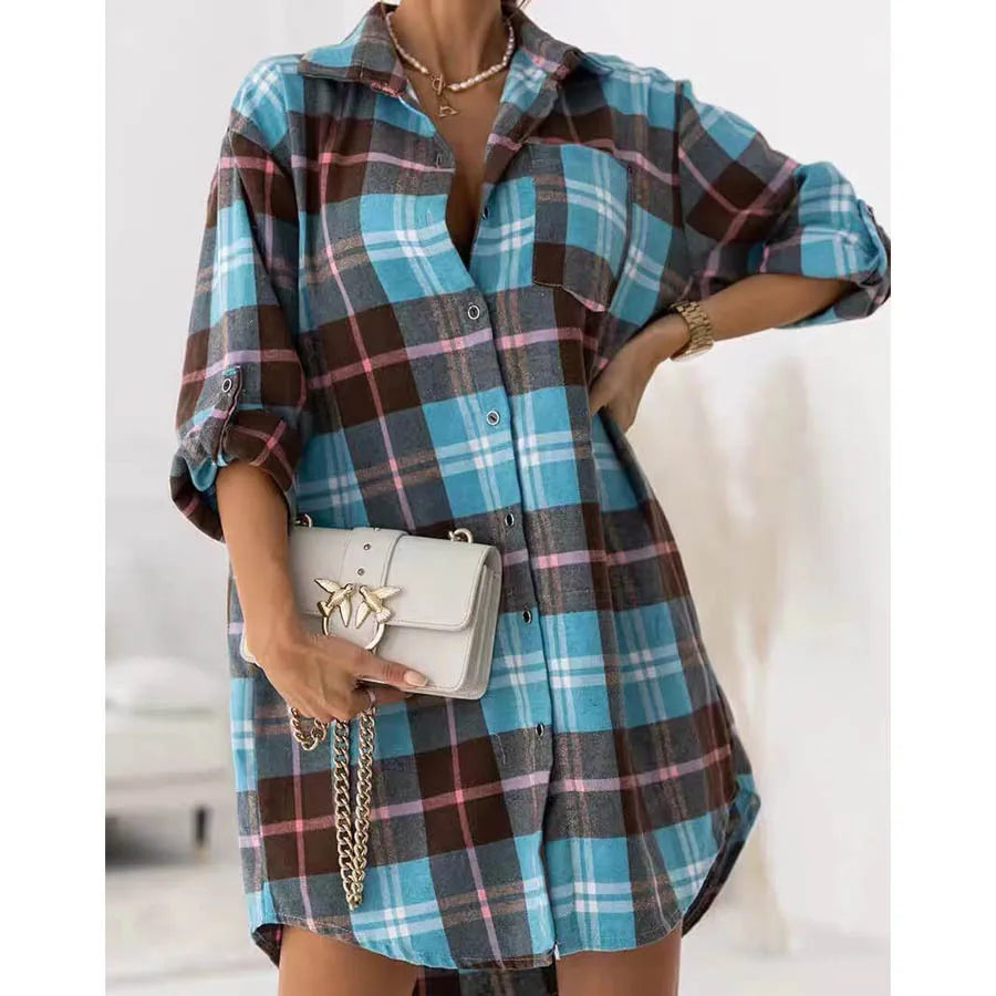 Wholesale New Plaid Dress Lapel Single Breasted Women Shirt Dress