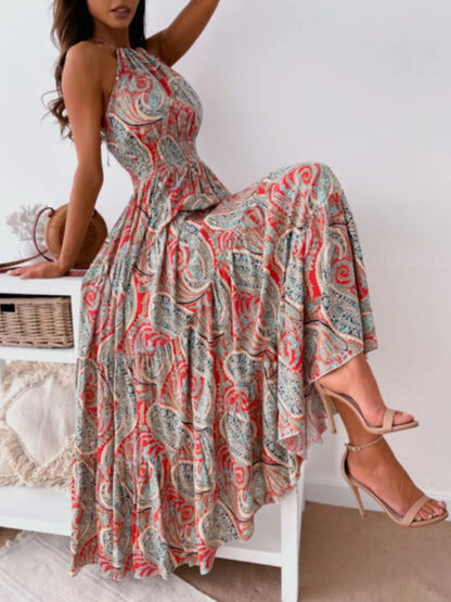 Printed Halter Neck Maxi Dress - -