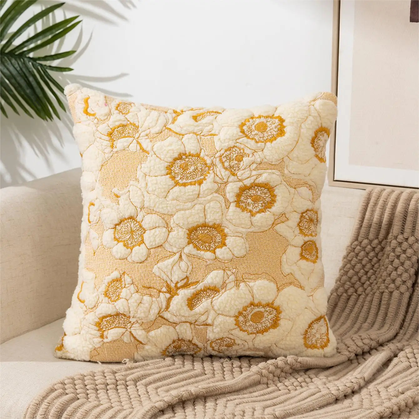 Flower Pillow Cover Embroidered Canvas Wool 18*18 Inch