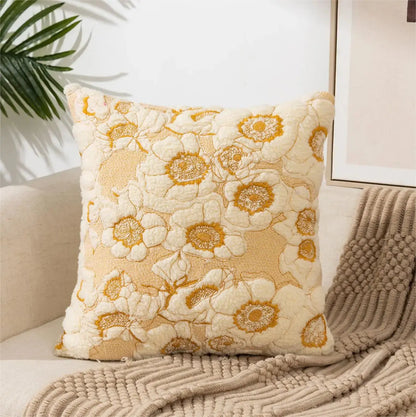 Flower Pillow Cover Embroidered Canvas Wool 18*18 Inch light tan