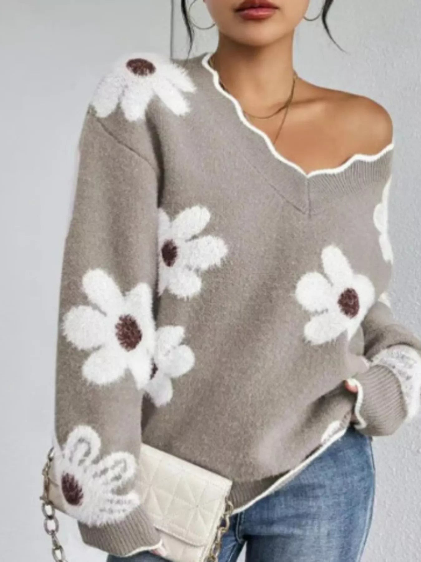 Floral V-Neck Long Sleeve Sweater - Brown -