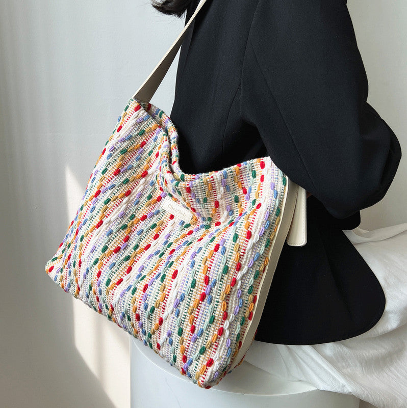 Large Capacity Womens Knit Rainbow Bucket Bag - - handbag