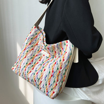 Large Capacity Womens Knit Rainbow Bucket Bag - - handbag