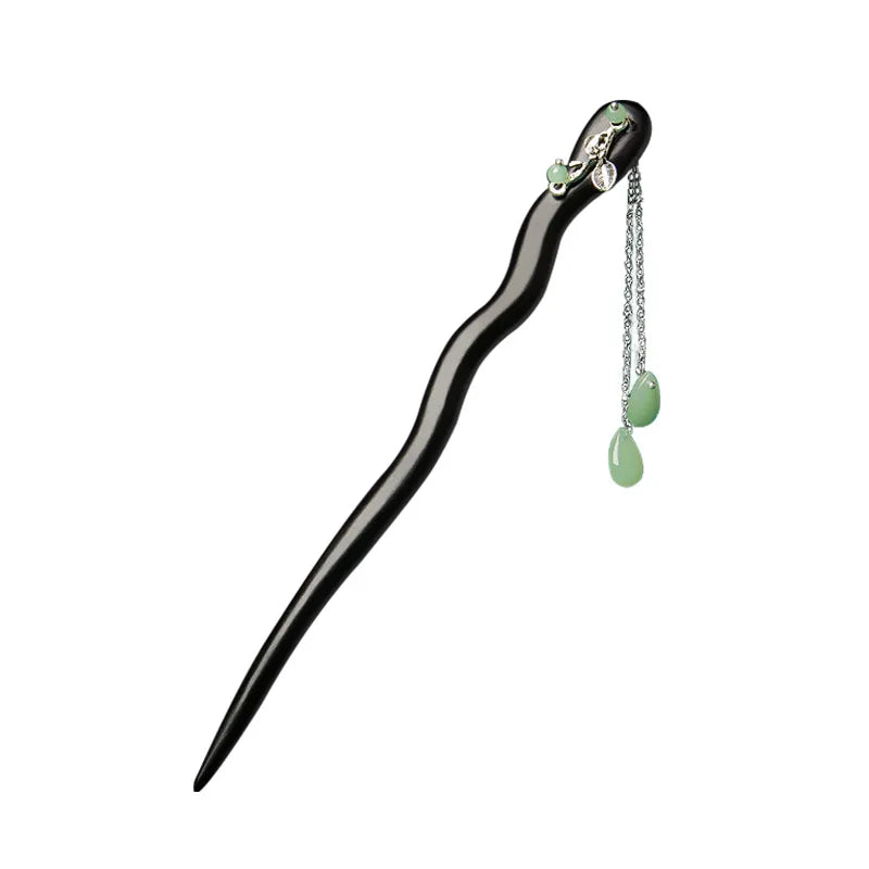 Vintage Jade Fringe Black Wood Hair Stick - - Hairpin