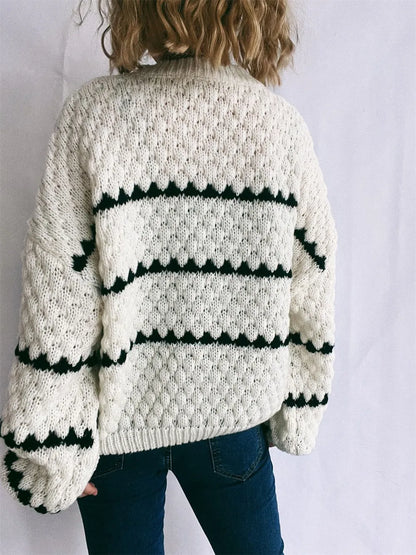 Contrast Stripes Round Neck Long Sleeve Sweater - -