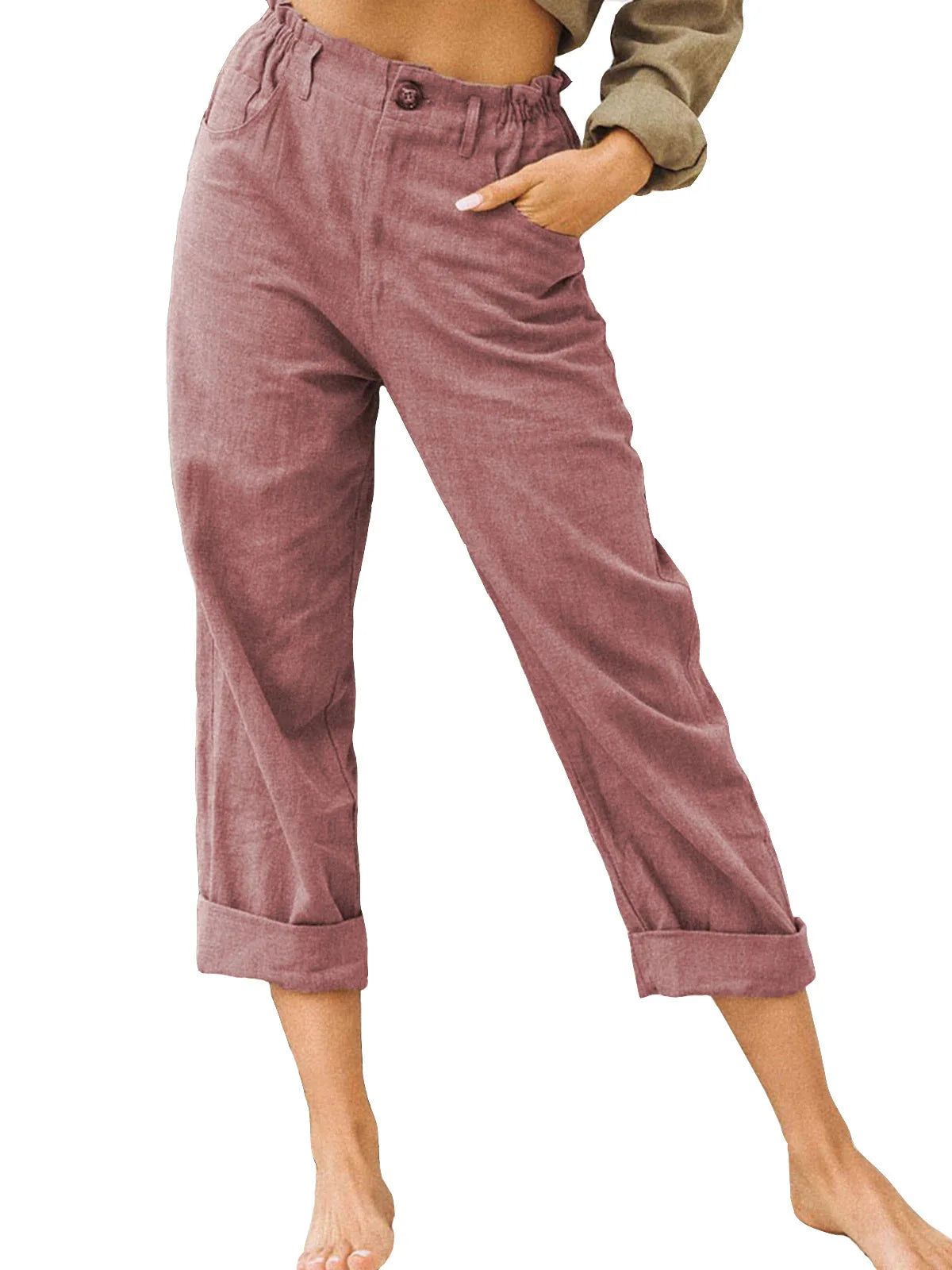 Cotton Linen Women's Long Pants Pockets Button Loose Pants