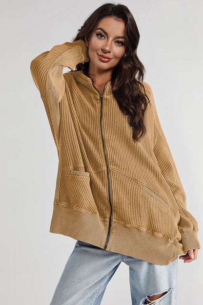 Zip-Up Long Sleeve Jacket - Caramel -