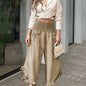 Elastic Waist Wide Leg Pants Khaki Extra Small