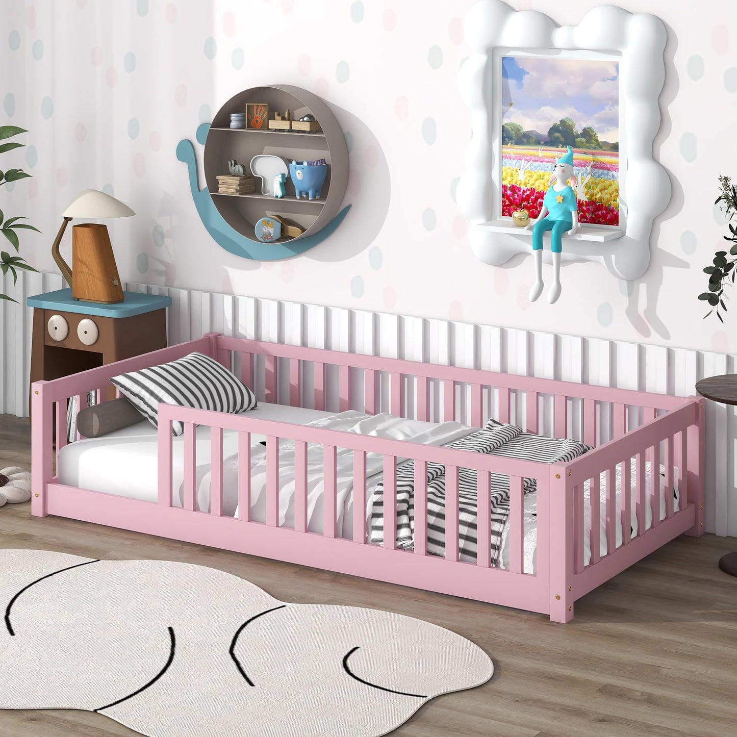 Pink Solid Wood Twin Size Kids Montessori Floor Bed Frame with Slats - - bed frame