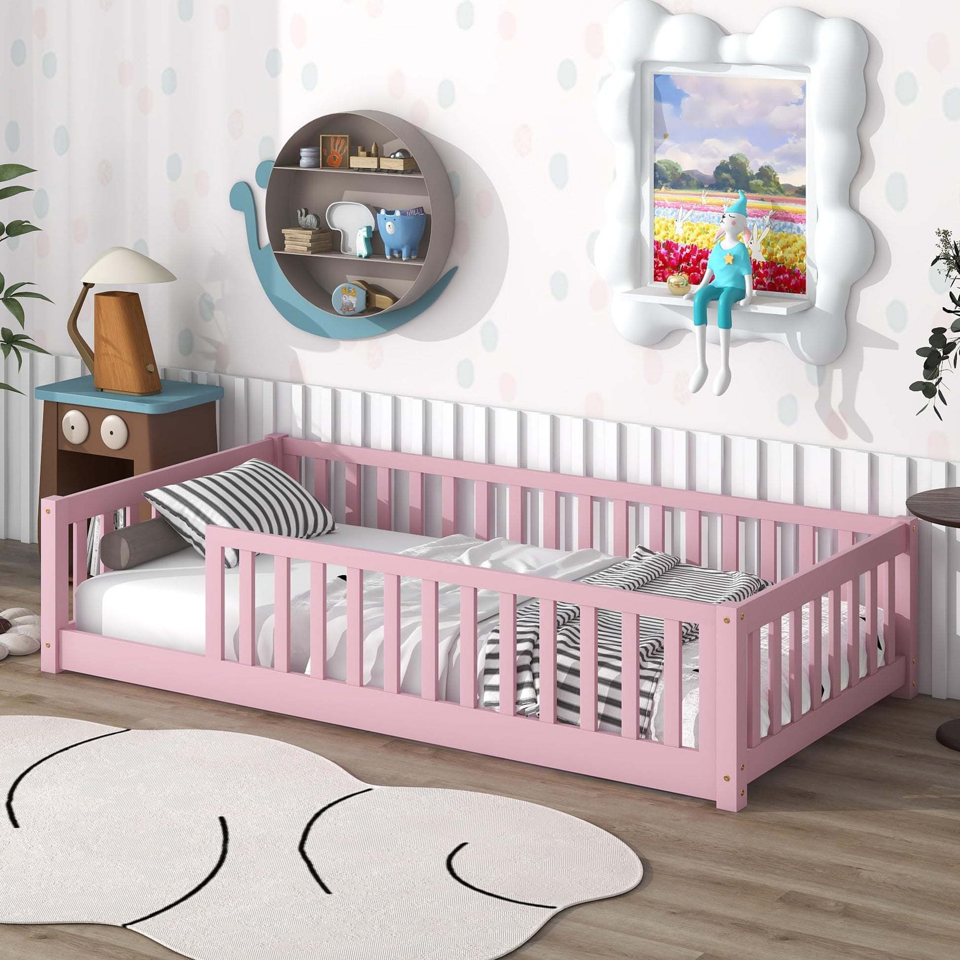 Pink Solid Wood Twin Size Kids Montessori Floor Bed Frame with Slats - - bed frame