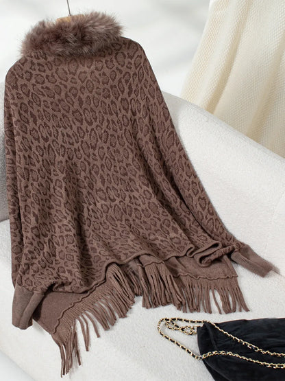 Fringe Leopard Open Front Long Sleeve Poncho - -