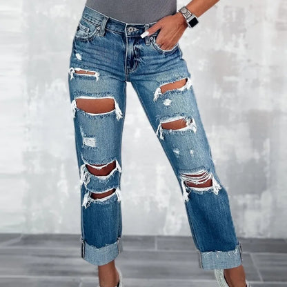 Women Casual Denim Long Pants Ladies Ripped Jeans