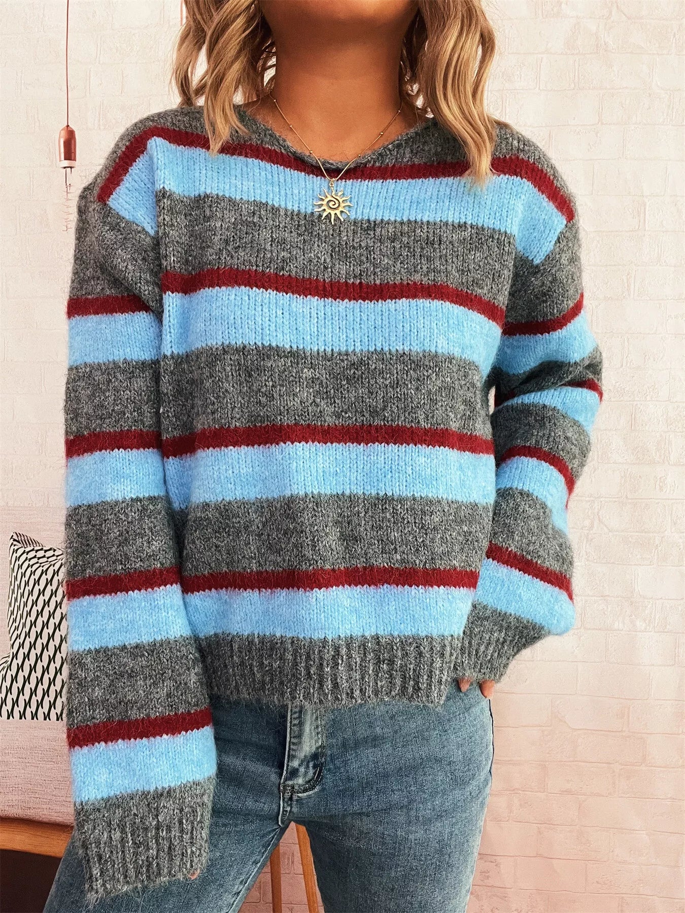 Striped Round Neck Long Sleeve Sweater - -