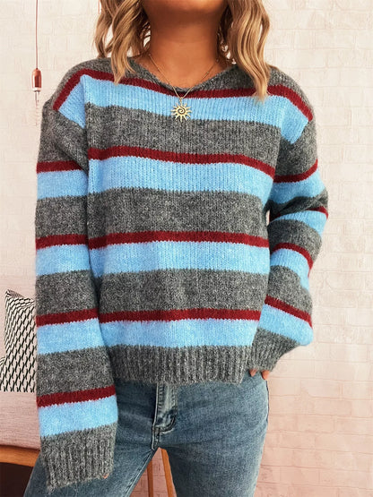 Striped Round Neck Long Sleeve Sweater - -