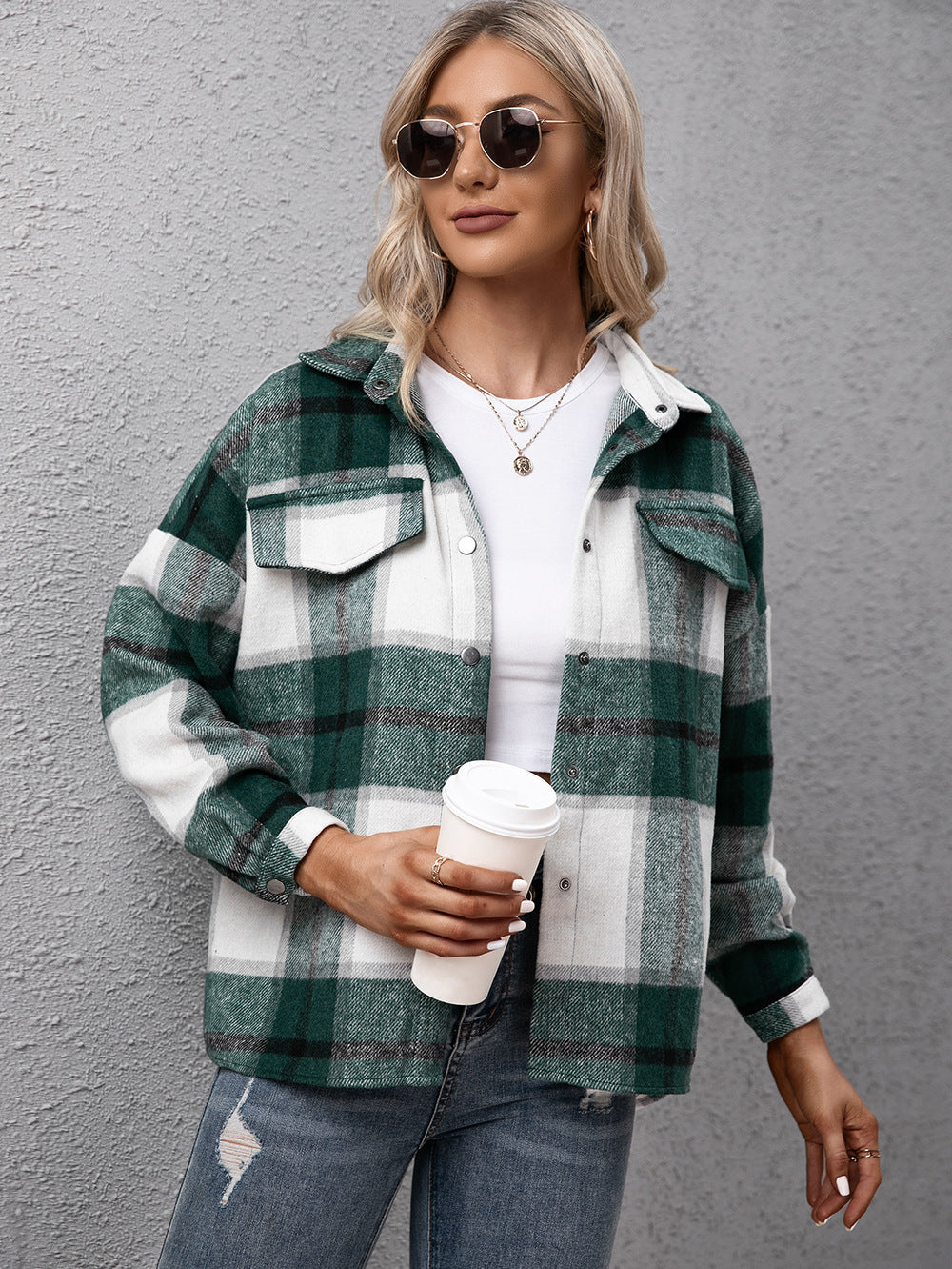 Ivy Lane Plaid Long Sleeve Shirt Jacket - Dark Green -