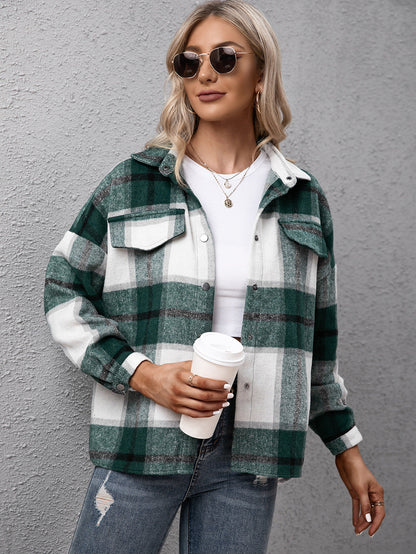 Ivy Lane Plaid Long Sleeve Shirt Jacket - Dark Green -
