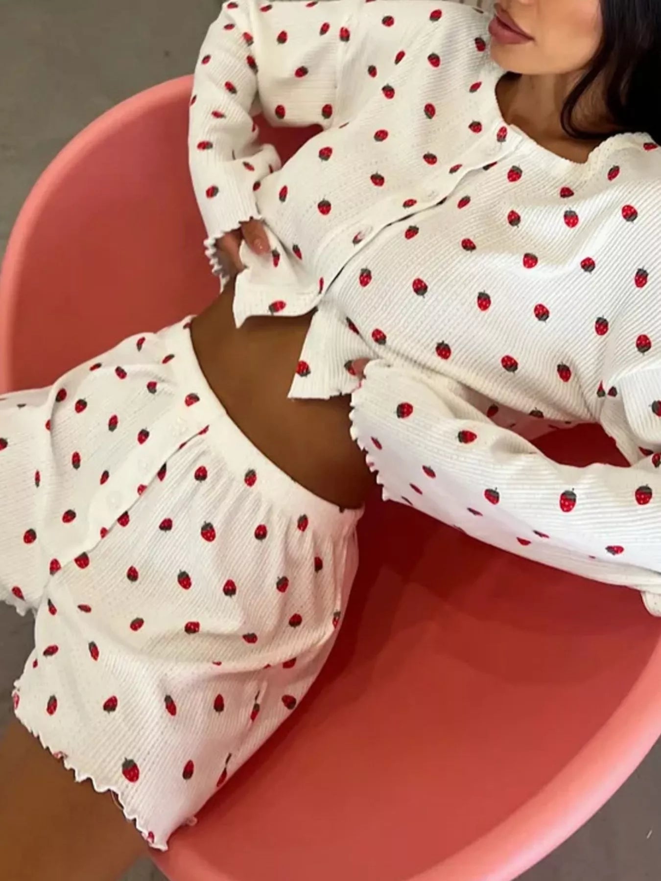Strawberry Print Button-Down Top and Shorts Lounge Set- Shopimist- {{Product type}}