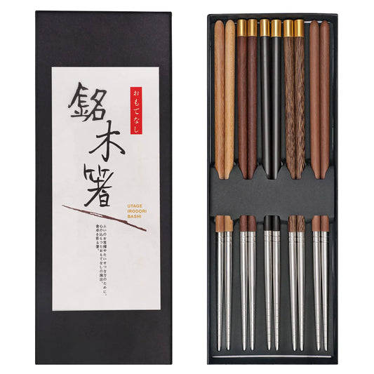 AKONEGE 5 Pairs Reusable Chopsticks Wooden Splicing Stainless Steel Chop Sticks Metal Chopsticks Lengthen Japanese Korean Chopstick 9.8 Inch/25cm Gift Set