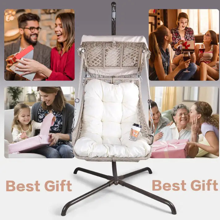 Indoor And Outdoor Swing Egg Chair With Stand, Beige UV Protection Cushion Hanging Chair With Cup Holder Kia Day Design