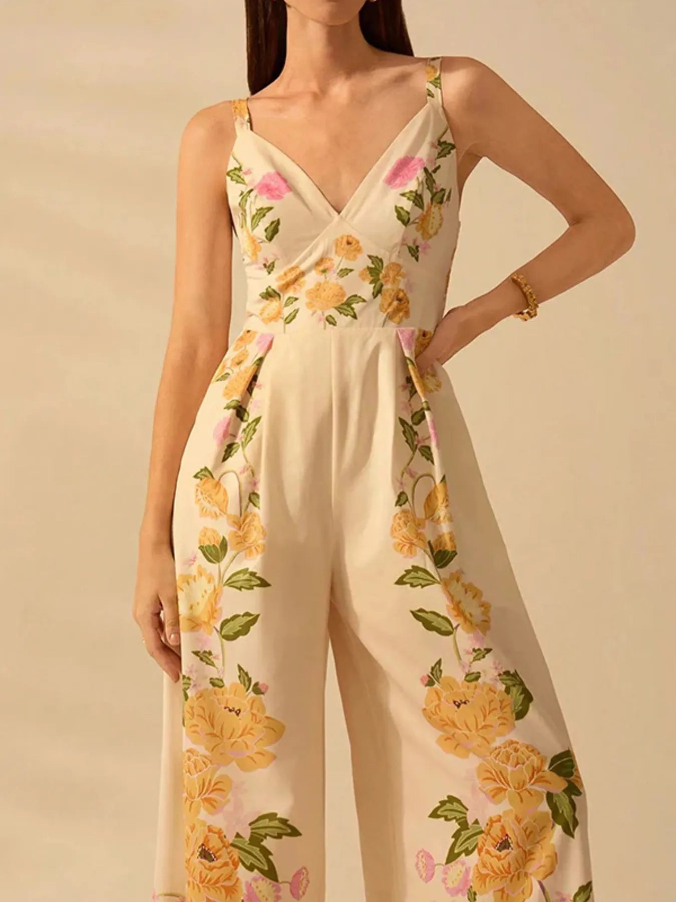 Floral Print Wide-Leg V-Neck Cami Jumpsuit - Sherbet -