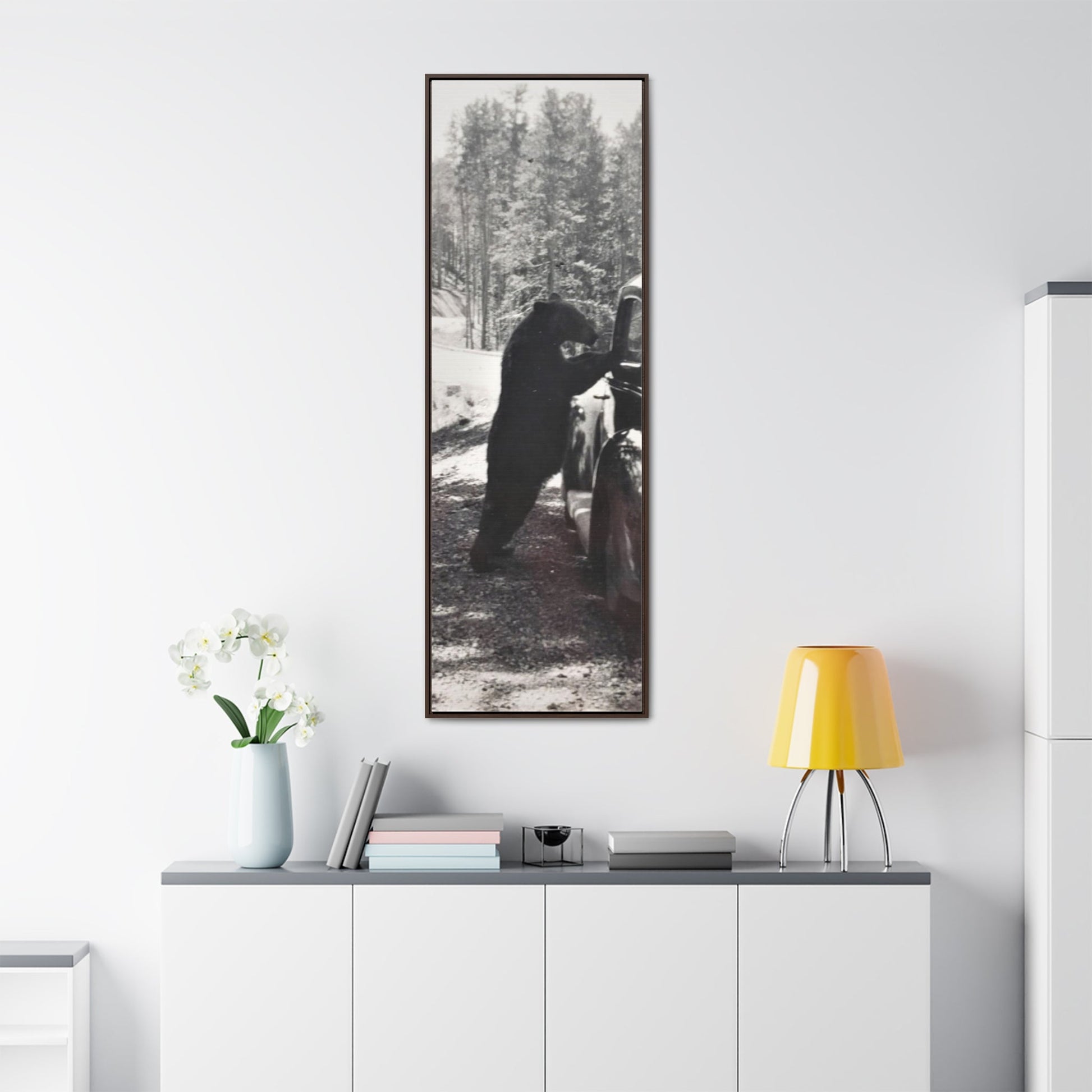 Yellowstone Bear Car Gallery Canvas Wraps Vertical Frame - 20″ x 60″ Premium Gallery Wraps (1.25″) Walnut - Canvas