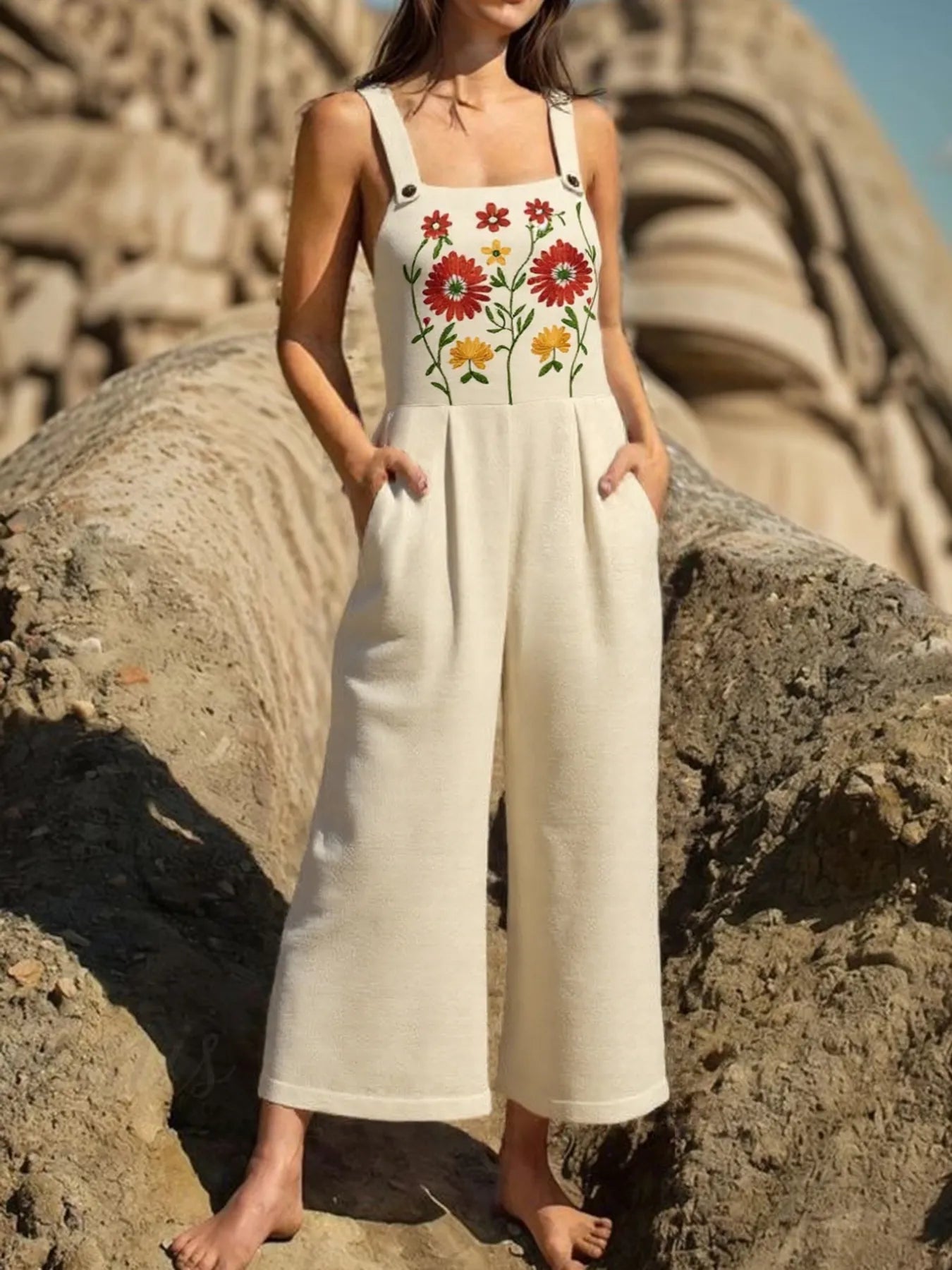 Floral Embroidered Wide Leg Jumpsuit - Tan -