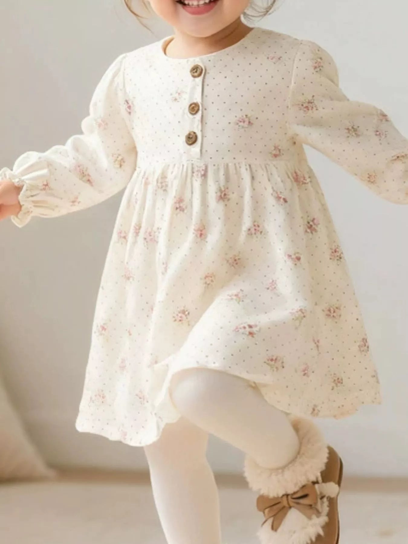 Children's Floral Print Long Sleeve Casual Dress - Beige -