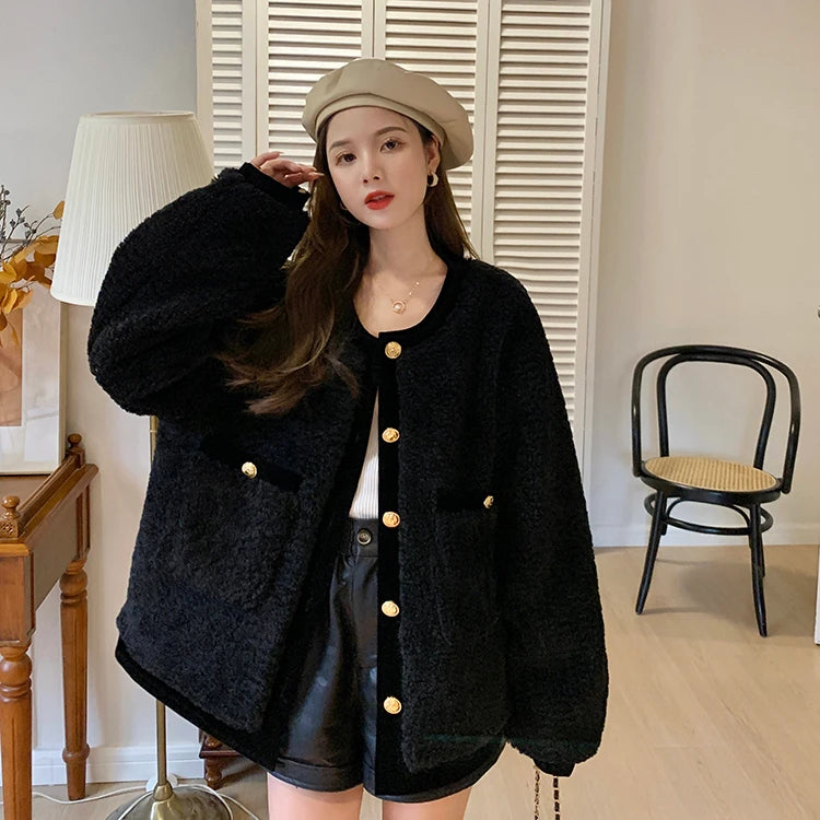 Button Crewneck Cardigan Coat Plus Velvet Lamb Velvet Casual Women's Coat