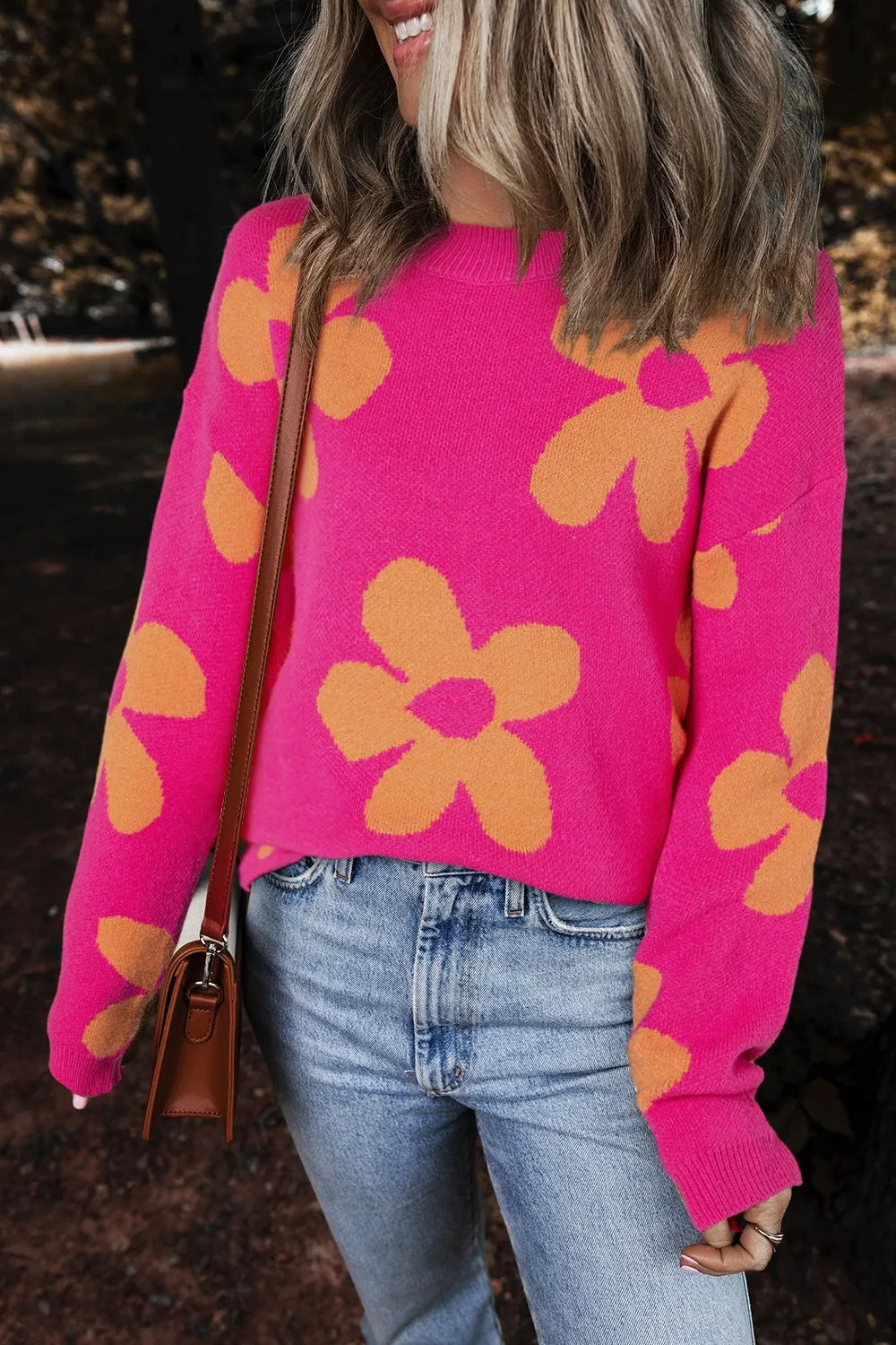 Flower Round Neck Long Sleeve Sweater - Cerise -