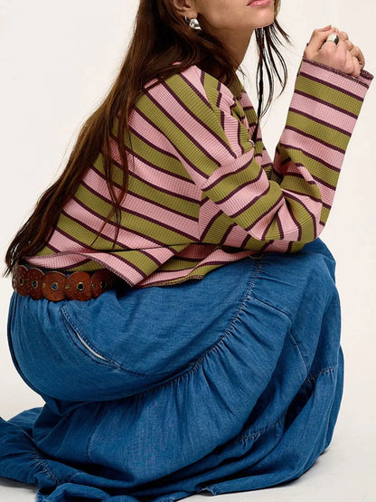 Stripes Waffle Texture Notched Neck Long Sleeve Top - -