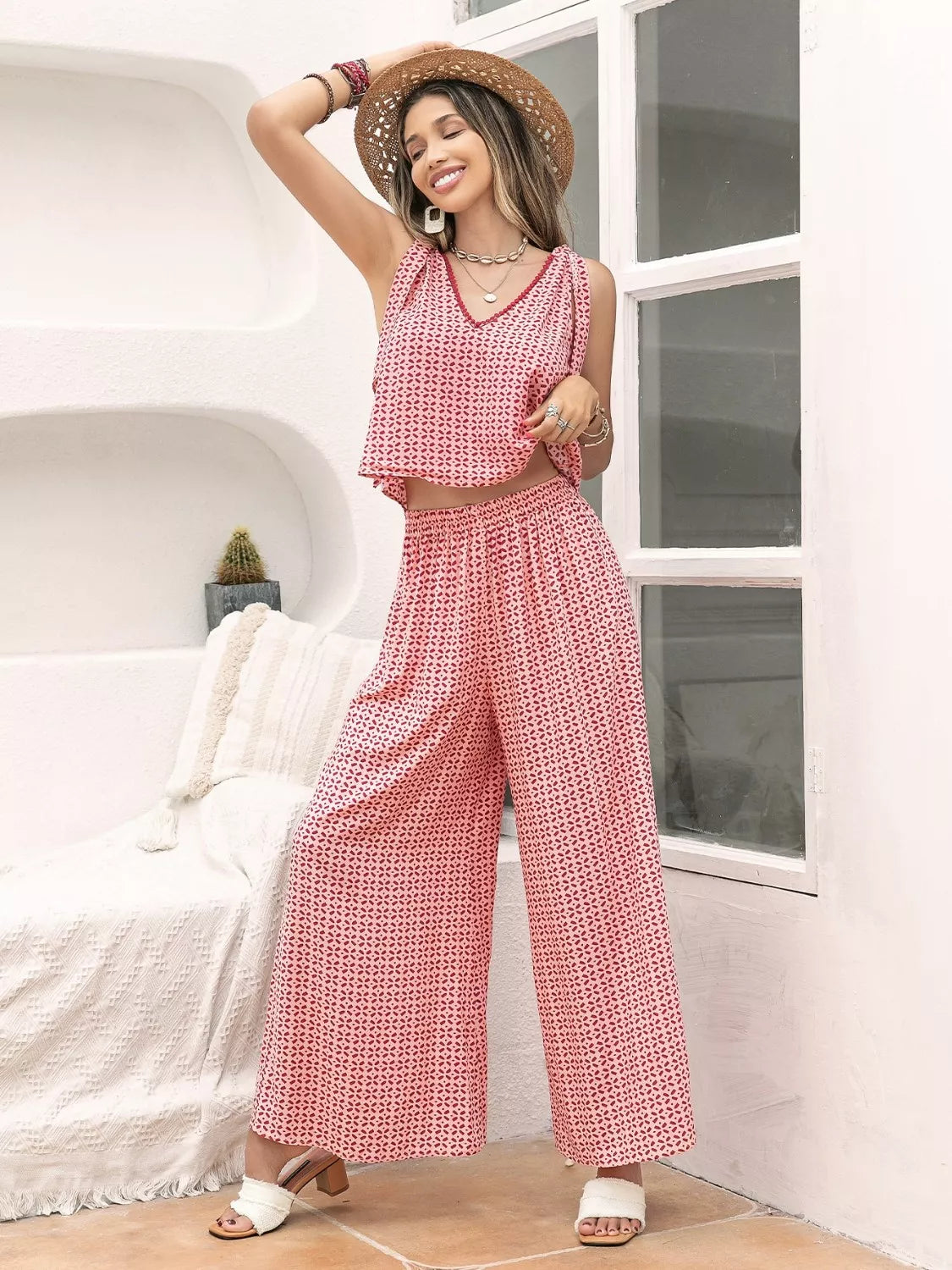 Gingham Tie Shoulder Top and Pants Set- Shopimist- {{Product type}}