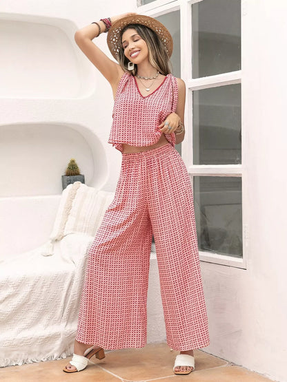 Gingham Tie Shoulder Top and Pants Set- Shopimist- {{Product type}}