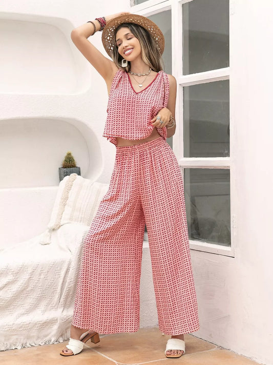 Gingham Tie Shoulder Top and Pants Set - -