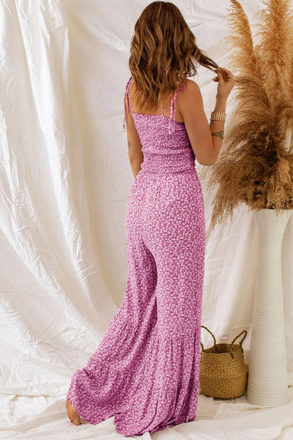 Smocked Printed Wide Strap Jumpsuit - -