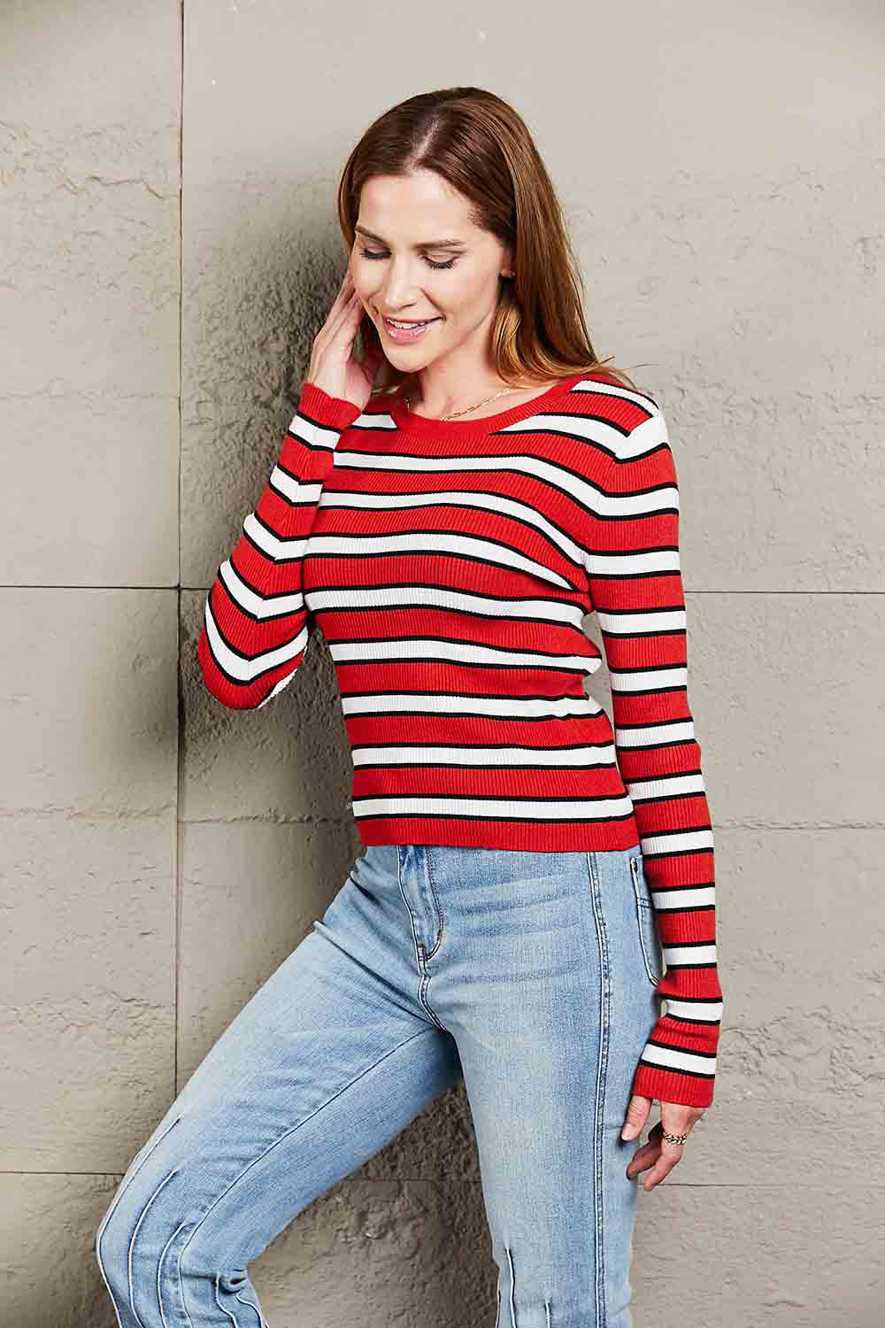Striped Round Neck Long Sleeve Top - -