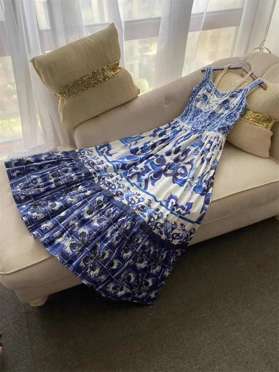 Smocked Printed Wide Strap Dress - -
