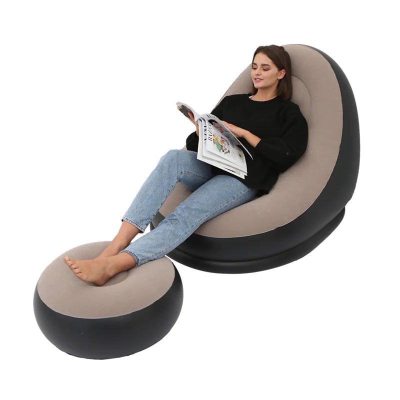 Thick Inflatable Lazy Chair with Footstool - Coffee Flocking Surface-Sofa 116x96x83cm - chair