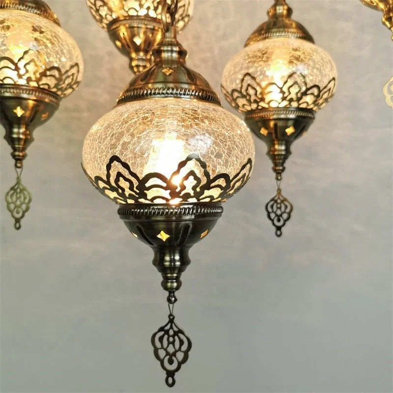 Moroccan Arabian Mosaic 9 Lights Pendant Lamp Kit Bronze Clear Crackle Glass