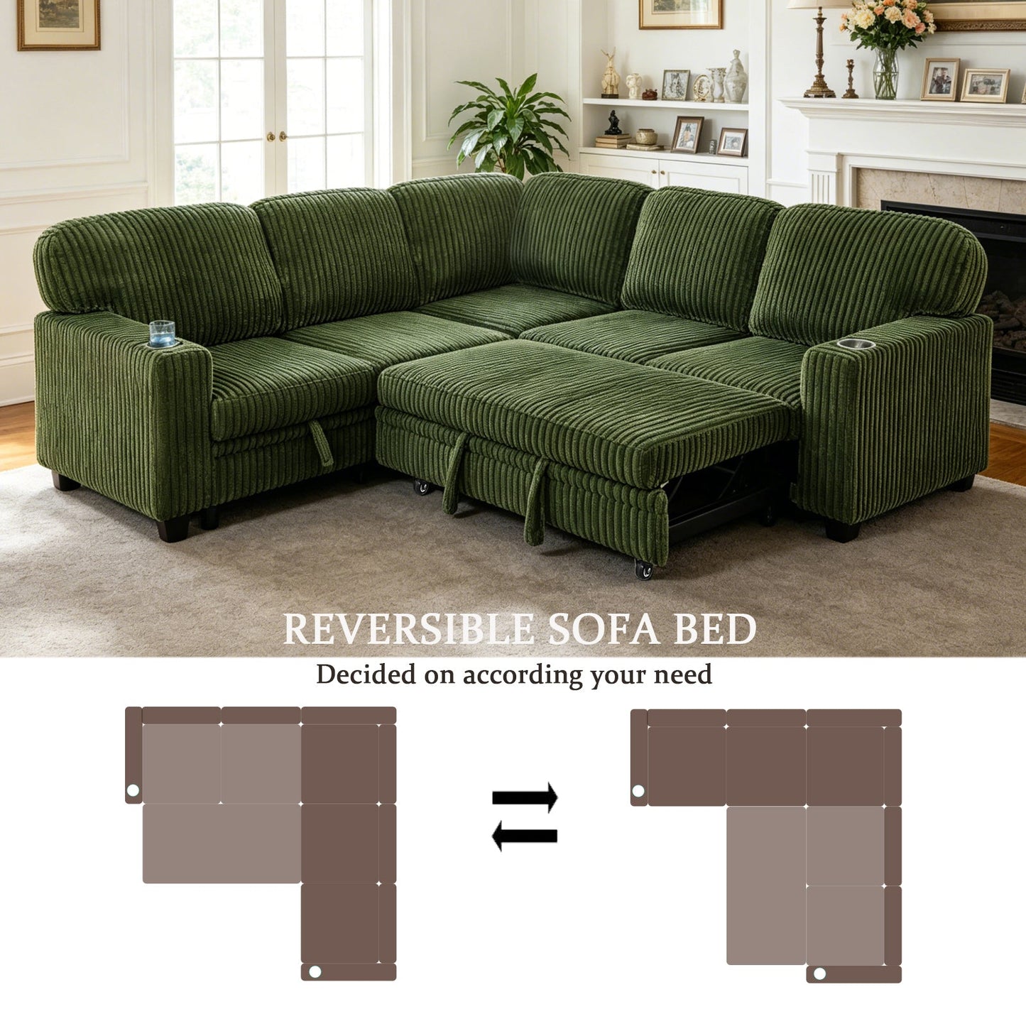 Sofa Bed L-Shape Corduroy Olive Green 5 Seat Pull-Out USB Ports 81 In- NIKKI CASA- {{Product type}}