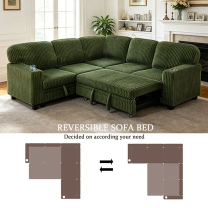 Sofa Bed L-Shape Corduroy Olive Green 5 Seat Pull-Out USB Ports 81 In- NIKKI CASA- {{Product type}}