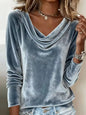 Velvet Cowl Neck Long Sleeve Shirt - Gray - Tops/Blouses & Shirts