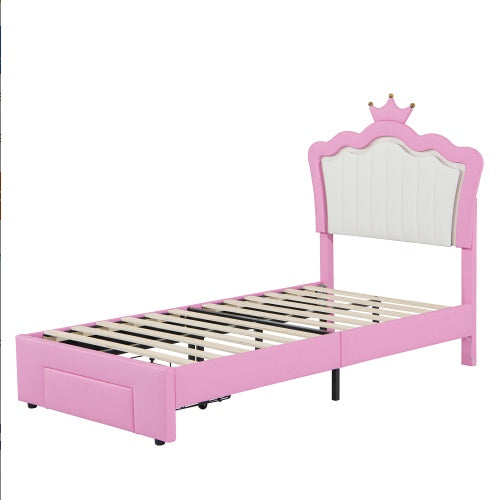 Twin Size Upholstered Bed Frame With LED Lights With Crown Headboard and Drawer - - bed frame